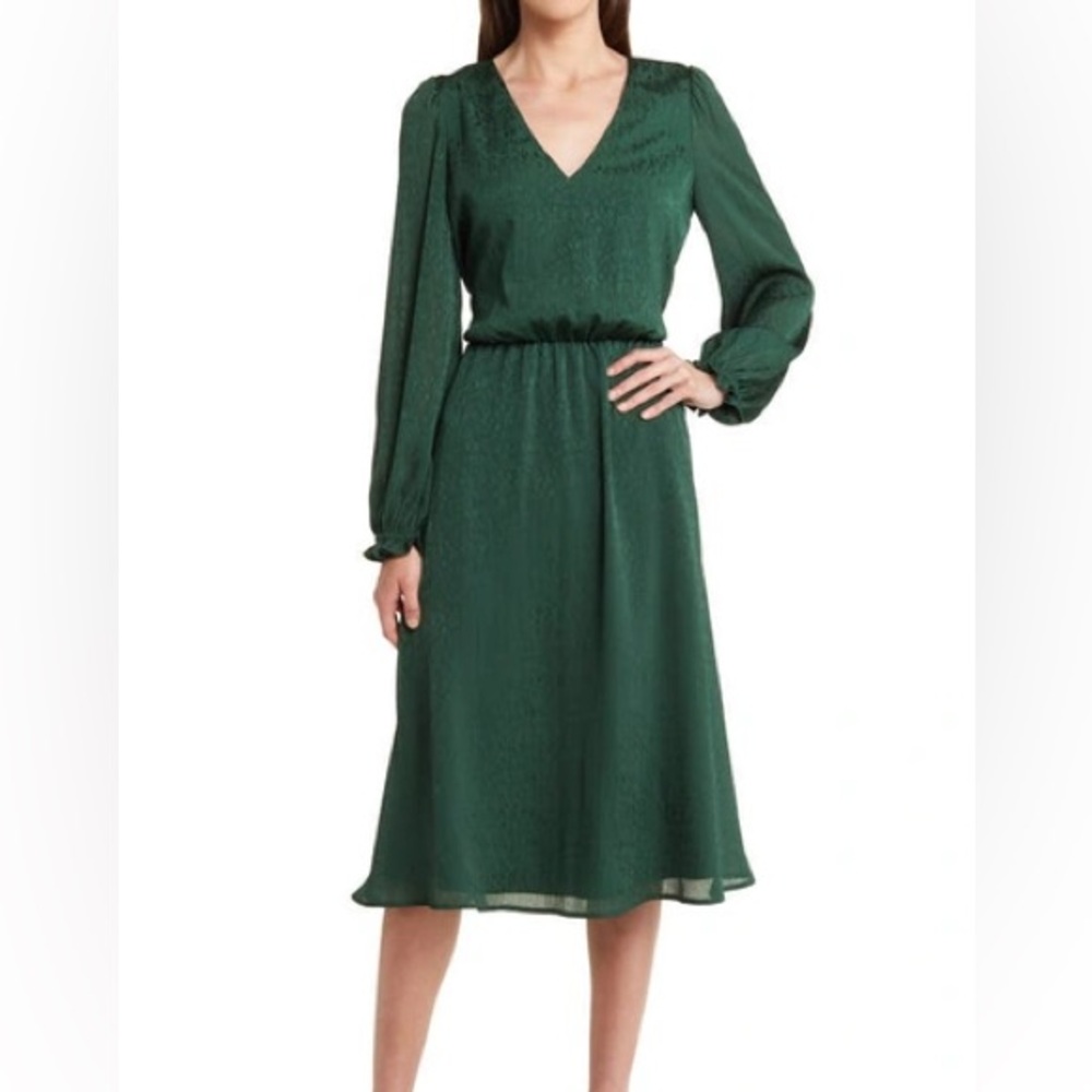 Charles Henry V-neck A-line Dress Floral Long Sleeve Forest Green lined L New